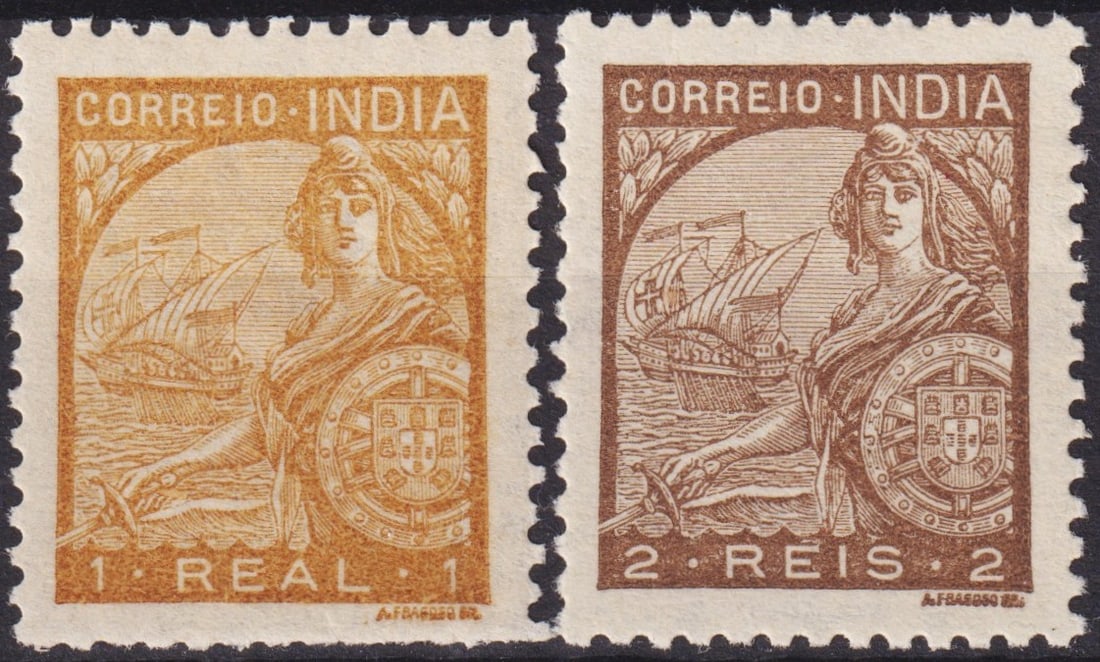 Portuguese India 1933 Mythological Allegory Stamps Scott PT-IN 424–425: A beautiful pair of stamps issued in Portuguese India in 1933, designed by Arnaldo Fragoso and printed at the Casa da Moeda de Portugal, featuring the striking allegorical figure of a Lusitanian warri