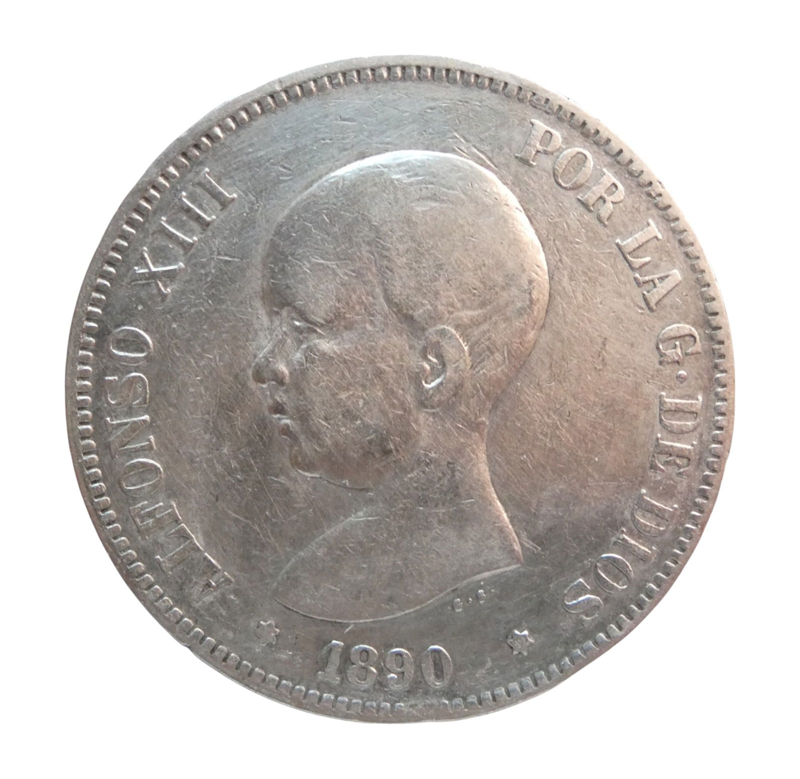 1890 Spain 5 Pesetas, Alfonso XIII, Silver Coin: This 5 Pesetas silver coin from 1890 was issued under the reign of Alfonso XIII, who famously became king from birth following the death of his father, Alfonso XII. Struck in .900 fine silver, the coi