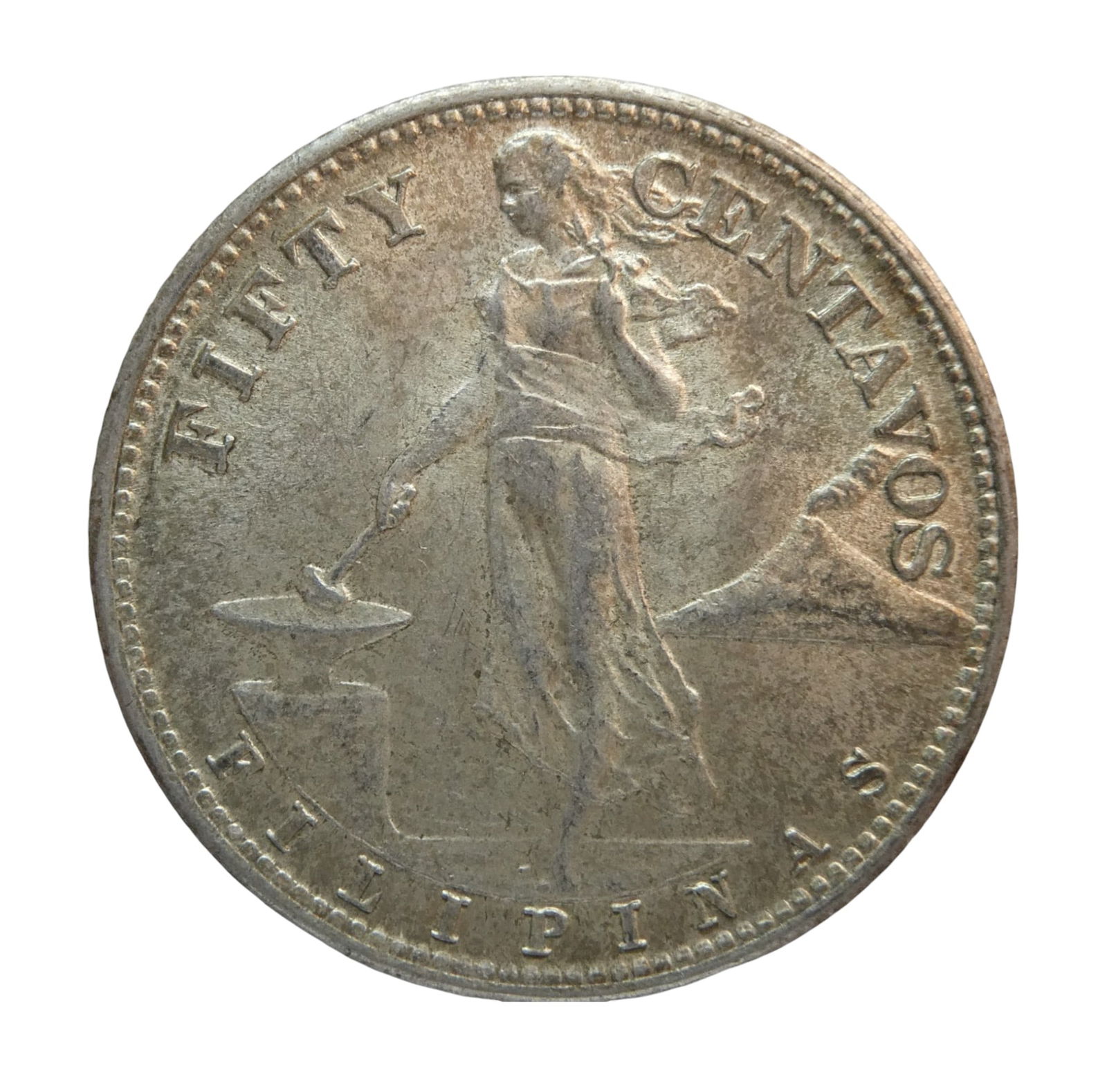 US 1944-S Philippines 50 Centavos, Commonwealth Issue, Silver Coin: This 50 Centavos silver coin was issued in 1944 under the Commonwealth of the Philippines during the period of U.S. administration. Struck at the San Francisco Mint (denoted by the ?S” mintmark)