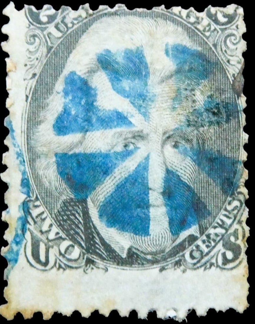 1863 US 2 cent Black Andrew Jackson, Scott #73, Blue Cancel "Killer": Issued on July 1, 1863, during the American Civil War, this 2-cent black postage stamp features a finely engraved portrait of Andrew Jackson, the seventh President of the United States and a key figur