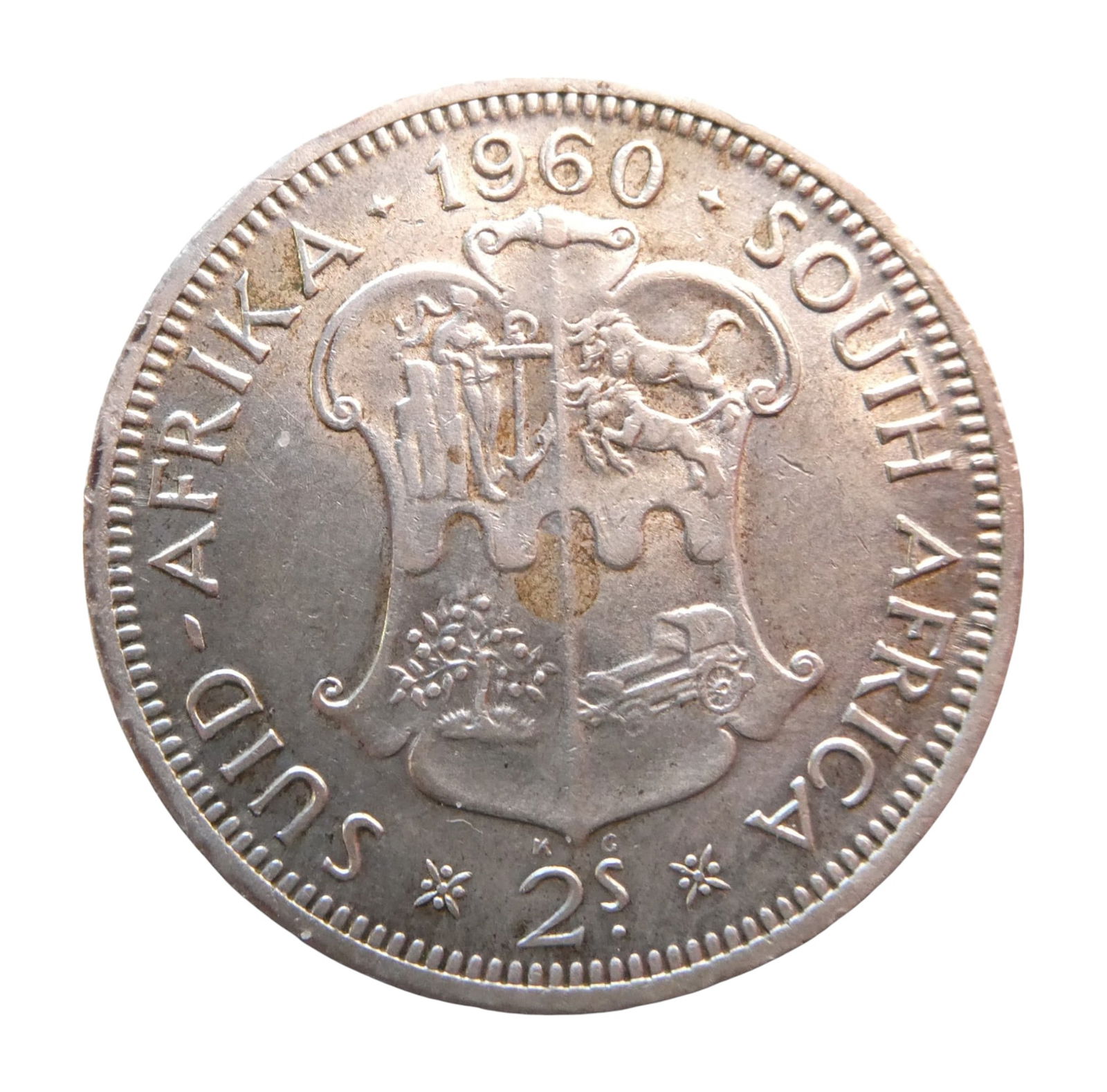 1960 South Africa 2 Shillings (Florin), Queen Elizabeth II, Silver Coin: This South African 2 Shillings (Florin) coin from 1960 was minted during the reign of Queen Elizabeth II and represents one of the final silver florins issued before decimalisation. The obverse featur