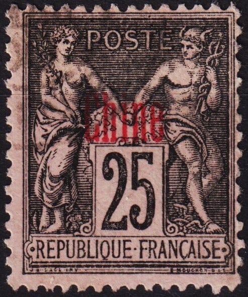 1894 French PO General Issue, OVP CHINE 25c red, Scott CH 6 MH: This 25 centimes stamp was issued in 1894 as part of the French Post Offices in China general issue series and features a red CHINE overprint applied to the Type Sage ?Peace and Commerce? design. Prin
