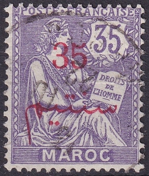1911 French Morocco Mouchon Type, 35c red surcharge, SG FR-MA 36: Issued in 1911 by the French postal authority in Morocco, this typographed stamp belongs to the “Type Mouchon” series, designed by Louis-Eugène Mouchon. The stamp features a seated allegorica