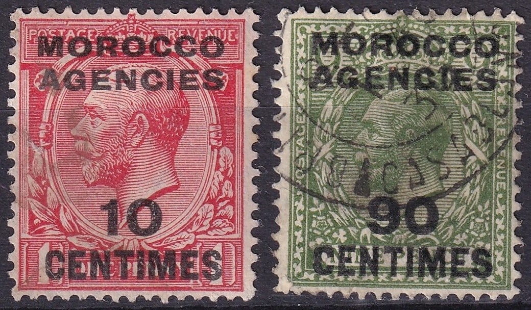 1925–1934 Morocco Agencies, George V OVP, 10c & 90c, SG 203 & 209: These two postage stamps originate from the British postal agency in Morocco and belong to the King George V series denominated in French currency. The left stamp, issued in 1925, is a 10 centimes val