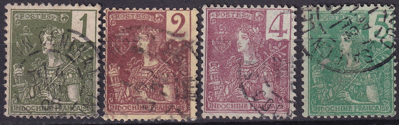 French Indochina 1904 Type Grasset low values 1c–5c used (Scott 24–27): This used group of four definitive stamps from French Indochina represents the lower denominations of the Type Grasset issue, first released in June 1904. The series features an allegorical female fig