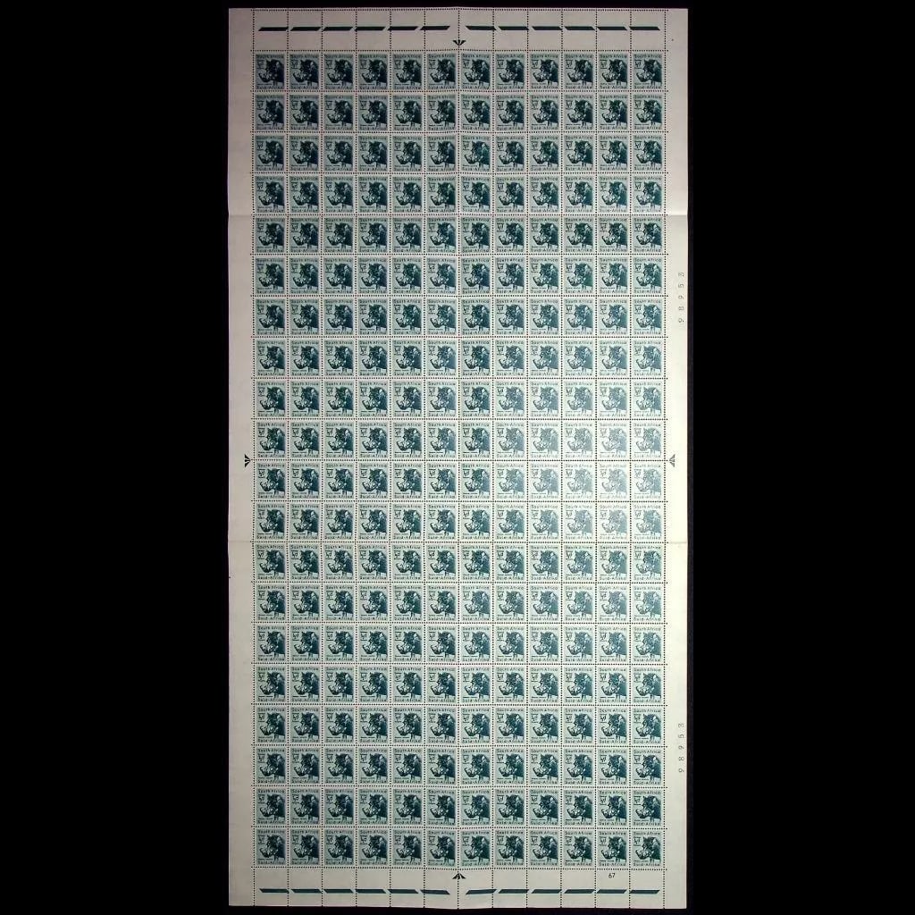 1954 South Africa colonial issue, Lioness and Cubs full sheet, Scott ZA 200: Issued during the period when South Africa was a dominion within the British Empire, this 1954 wildlife stamp sheet reflects both colonial governance and national identity. The complete uncut sheet fe