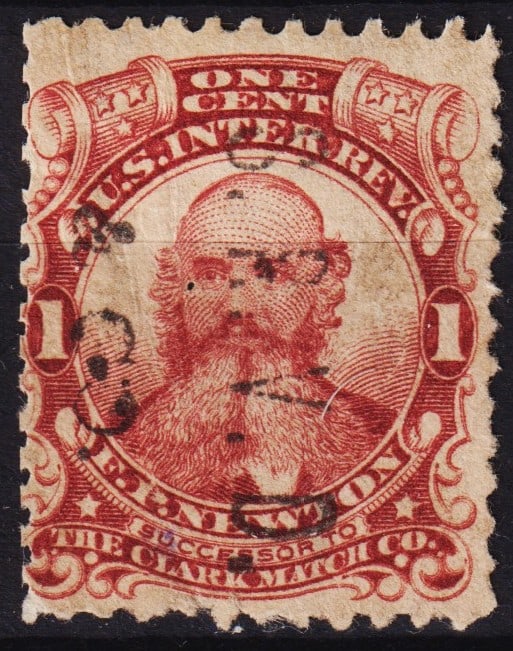 US 1875 Scott RO-135d, 1 Cent F. P. Newton - Match & Medicine: The image displays a 1-cent revenue stamp featuring the portrait of F. P. Newton, the founder of the Clark Match Co. It is a rare example from the U.S. Internal Revenue series. The stamp is marked "U.