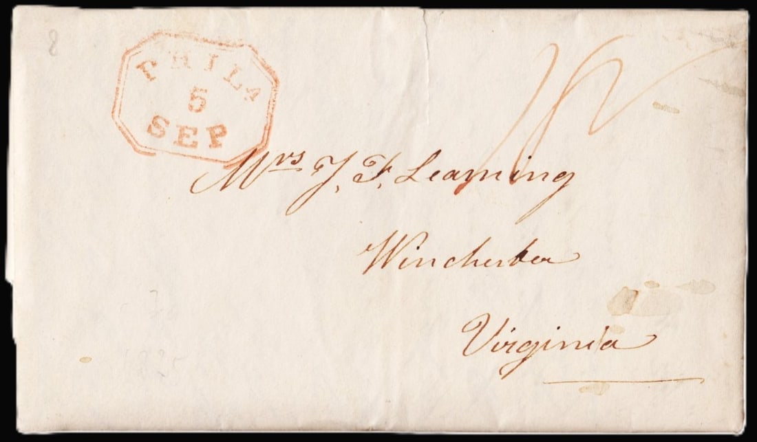 1853 Folded Letter Philadelphia to Winchester, Red Octagonal Date Stamp: This folded stampless letter from September 5, 1853, was mailed from Philadelphia to Mrs. J. F. Leaming in Winchester, Virginia, during a period of dynamic postal reform in the United States. The enve