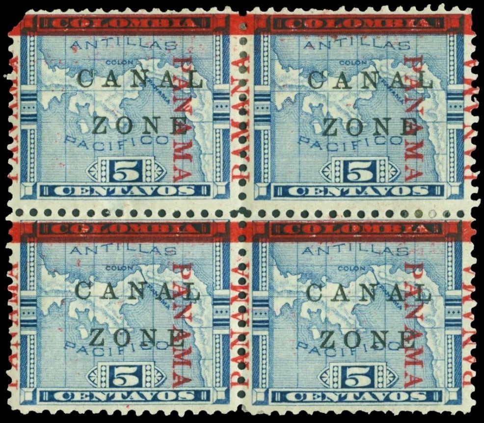 1904 Canal Zone block, Map of Panama Ovpt., Sc#12 MNH: This mint never hinged block of four 5 cent blue stamps from the Canal Zone, issued in 1904, features the well-known map design originally created by the American Bank Note Company for Colombian use b