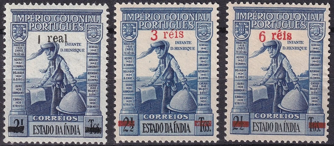 1950 Portuguese India Henrique Navigator 1R–6R MNH Trio with Overprints: Rare complete trio of the 1950 Portuguese India “Henrique the Navigator” Colonial Empire overprinted series in 1R, 3R, and 6R denominations, each mint never hinged and exceptionally well prese