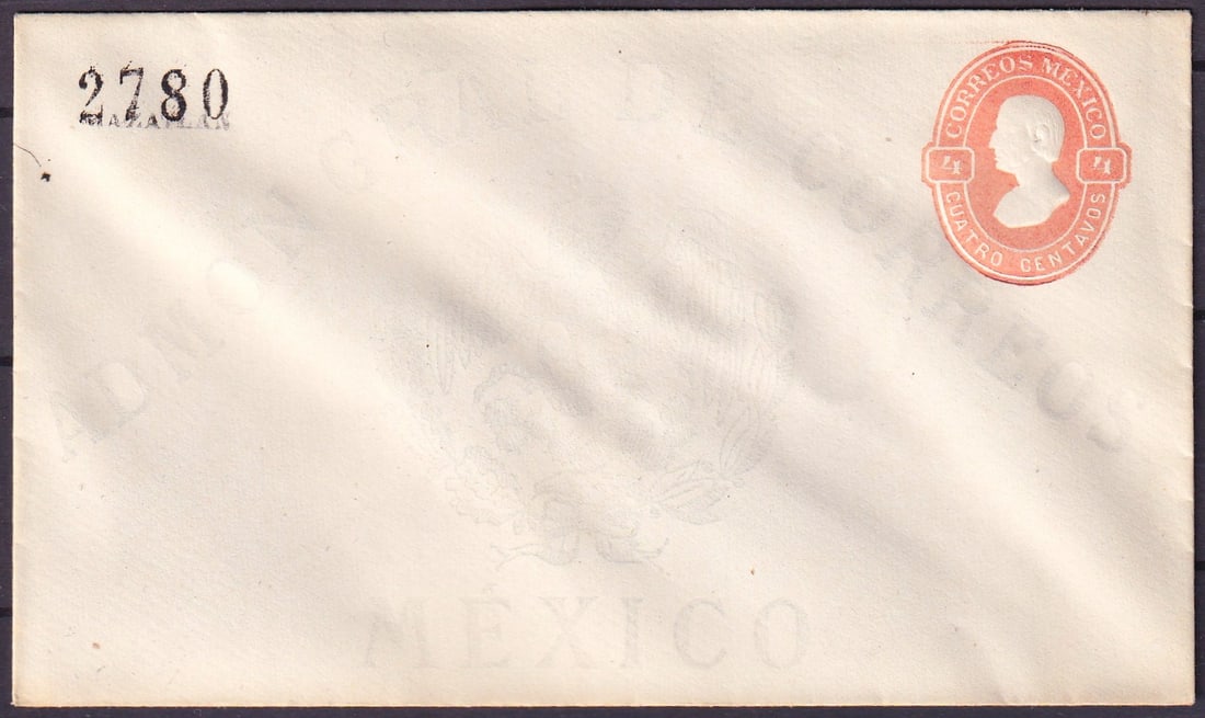 Mexico postal stationery envelope, 4 centavos red embossed Hidalgo, ca. 1883: This is a pristine example of a 19th-century Mexican postal stationery envelope, issued around 1883 during the late Porfirian era. The envelope bears a finely embossed red indicium at the top right, d