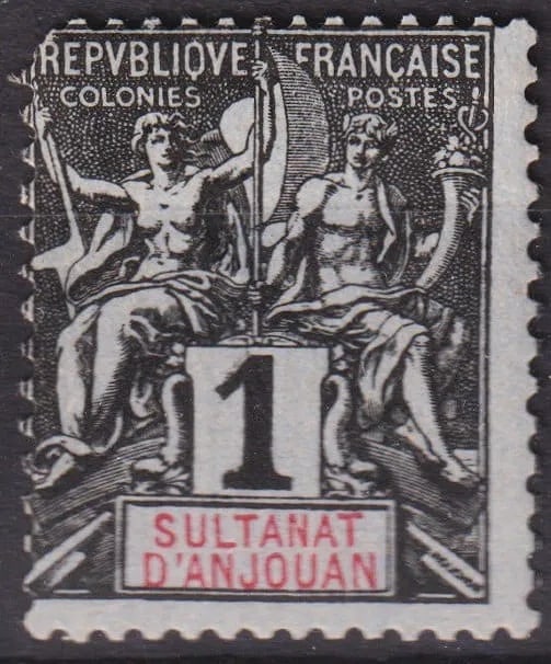 1892 Anjouan Navigation & Commerce 1c Black/Red, Scott FR-AJ 1: Issued in November 1892, this 1 centime definitive inaugurates the philatelic history of the Sultanate of Anjouan under French administration. Part of the celebrated Navigation and Commerce series, de