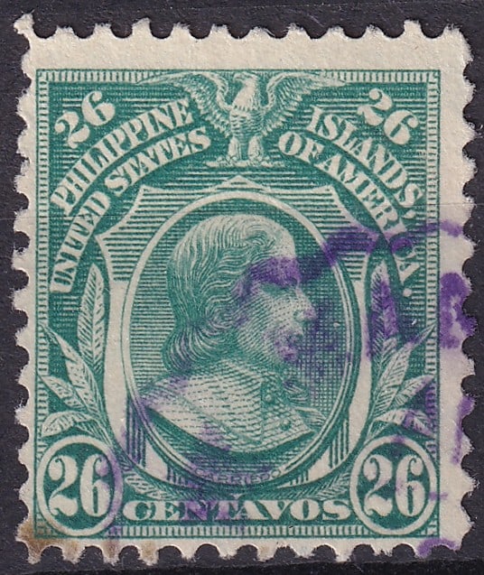 US 1917 Philippines 26c Francisco Carriedo, used VF, Scott PH 298: Issued under U.S. administration in the Philippines in 1917, this 26 centavos green stamp honors Francisco Carriedo, a Spanish-Filipino general and philanthropist best remembered for funding Manila?s