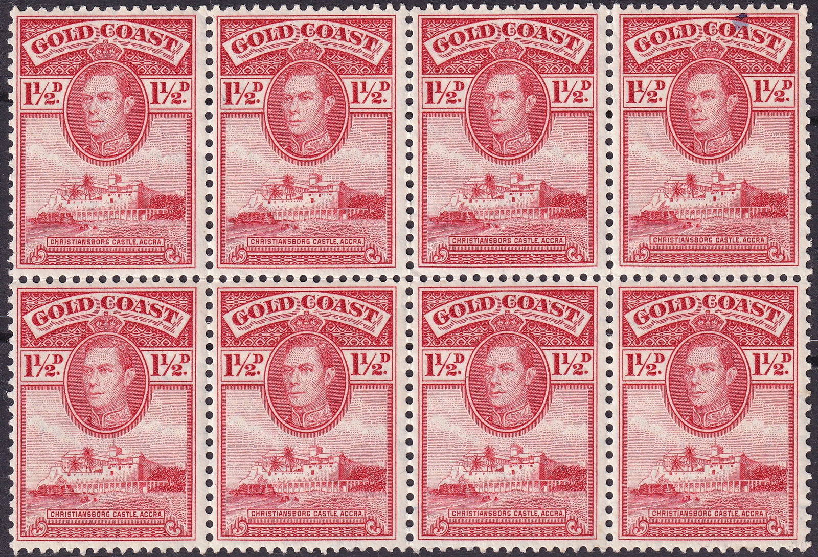 Gold Coast 1938 King George VI 1½d Scarlet Scott 115 Block of Eight MNH: This 1938 Gold Coast 1½d scarlet issue featuring King George VI and the historic Christiansborg Castle in Accra represents one of the most recognizable engraved designs from the colonial period