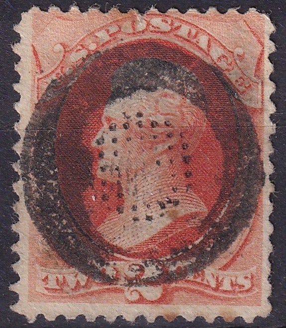 1880 USA 2¢ Scarlet Reprint, Washington Profile, Rare Fancy Cancel Scott 203: This rare 2 cent United States stamp, issued in 1880 as part of the special reprints of the 1879 definitive issue, features the left-facing profile of George Washington, engraved in a vivid scarlet-or