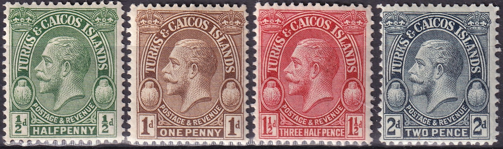 1922 Turks and Caicos King George V set SG TC 163b TC 177 TC 165 and TC 166: This classic group of King George V definitives from Turks and Caicos Islands dates from the period 1922 to 1928 and presents four engraved postage and revenue values produced under British colonial a