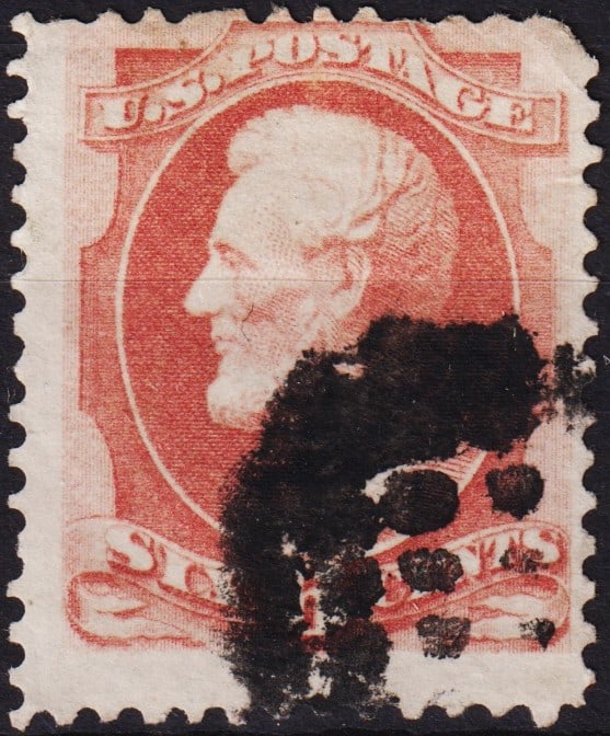 1873 6 cent Lincoln, Continental Bank Note Co., Scott US 159: Issued on June 8, 1873, this 6-cent stamp featuring Abraham Lincoln was printed by the Continental Bank Note Company as part of the regular definitive series following their takeover from the National