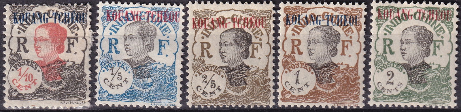 French Post Offices in Kouang-Tchéou 1906 Indochinese Women Overprints Scott #1-5: A highly desirable set of five stamps issued for the French Post Office in Kouang-Tchéou in 1906, featuring the iconic “Indochinese Women” design by Jules-Jacques Puyplat, here overprinted wi