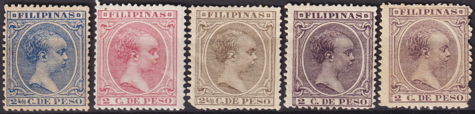 Philippines 1890 Alfonso XIII Issue, 2c–2 3/8c Values, Scott #144, 145, 149, 163: This remarkable group of classic colonial issues from the Philippines presents five denominations from the Alfonso XIII series issued in 1890–1892, a period reflecting Spain’s late colonial admini