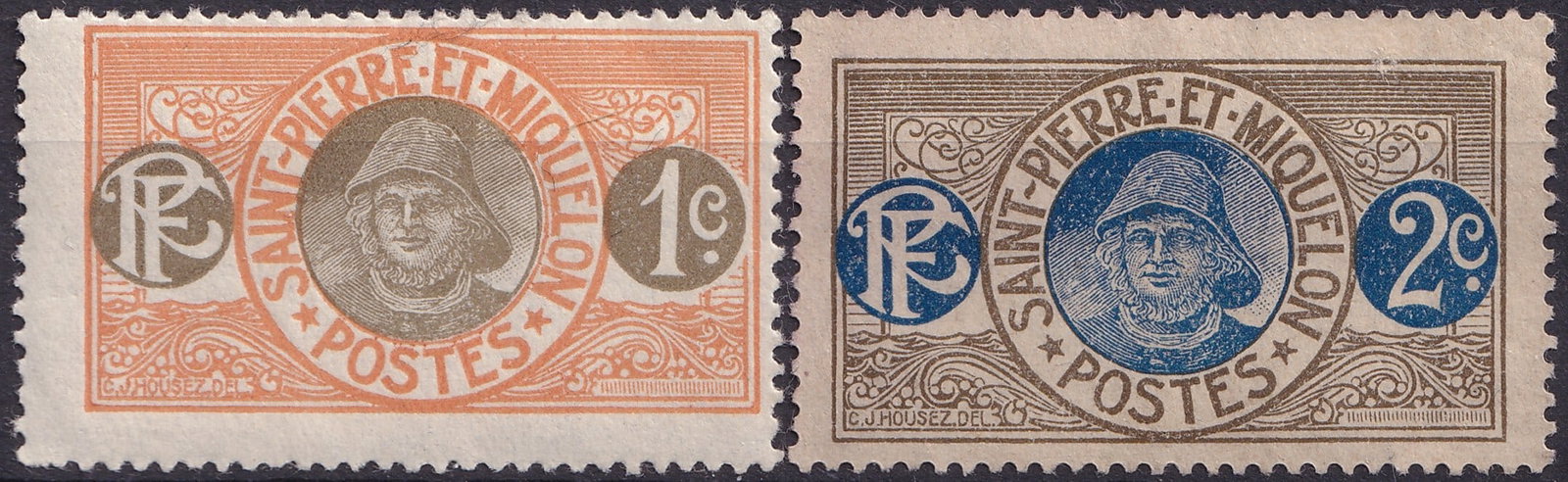 Frenc Saint Pierre & Miquelon 1909 Fisherman Issue Scott 79–80 MNH: This attractive pair of early 20th-century definitive stamps from Saint Pierre and Miquelon belongs to the 1909–1930 issue depicting the rugged fisherman, a symbolic figure of the islands’ endurin