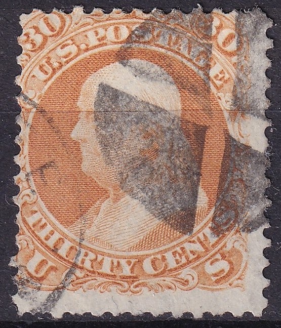 1861 U.S. Bank Note Issue, Benjamin Franklin orange 30 cent, Scott 71 (1 of 2)