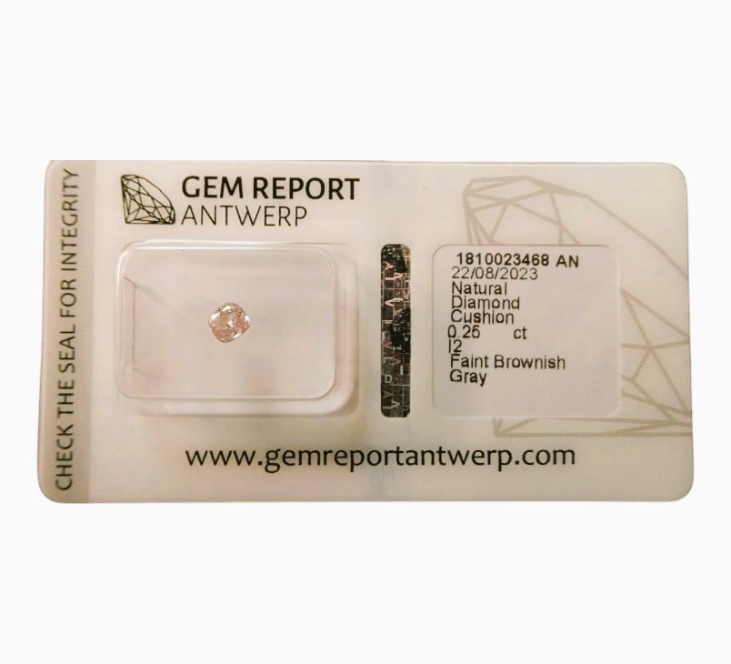Antwerp-Certified 0.25 ct Diamond, Faint Brownish Gray, I2 Clarity: Certified by Gem Report Antwerp under certificate number 1810023468 AN, this natural diamond weighs 0.25 carats and is shaped in a cushion cut. The gemstone measures 4.01 x 3.78 x 1.86 mm and presents