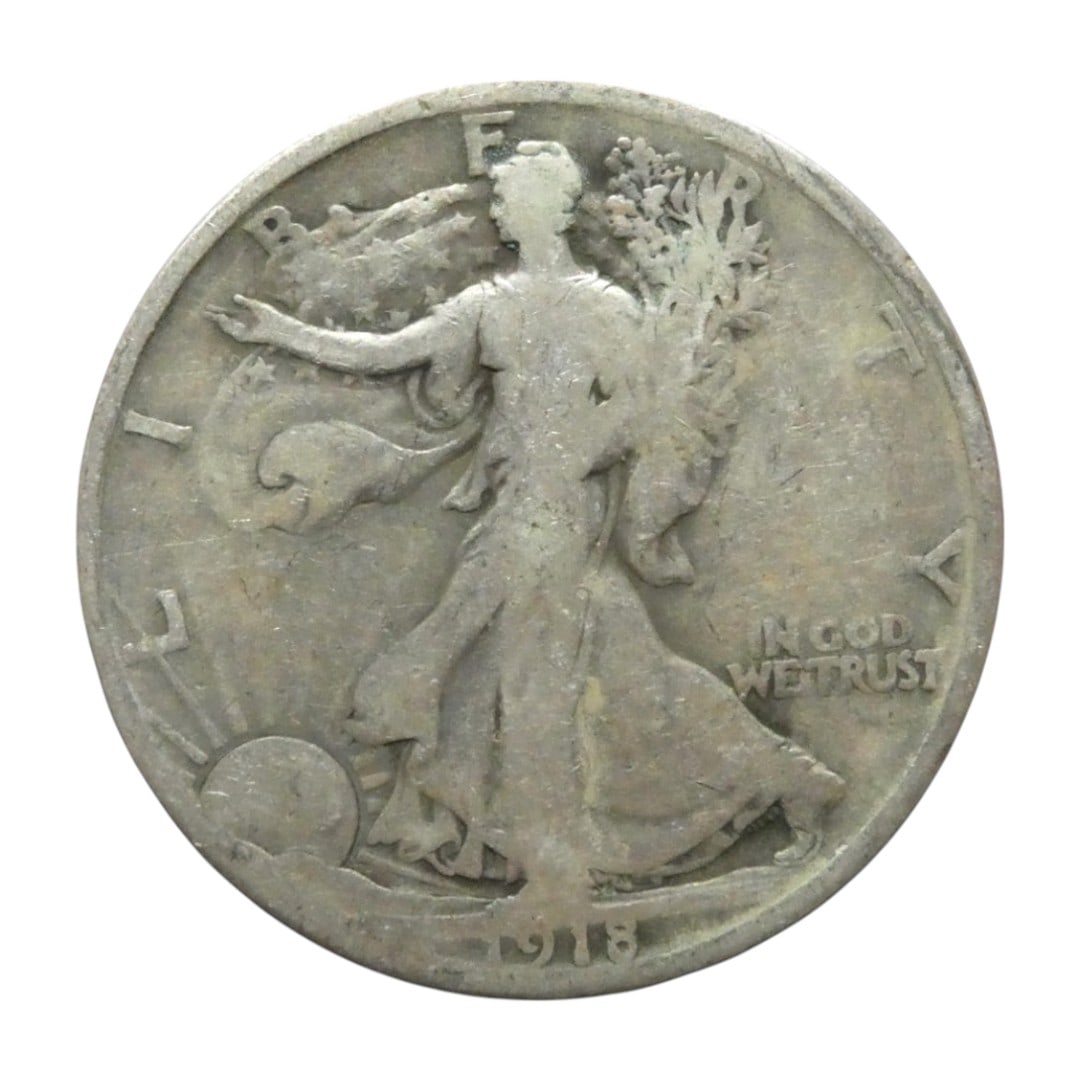 1918-S Walking Liberty Half Dollar, 90% silver, San Francisco: This 1918-S Walking Liberty Half Dollar is a historic silver coin struck at the San Francisco Mint during the final year of World War I. Composed of 90% silver and weighing 12.5 grams, the coin featur