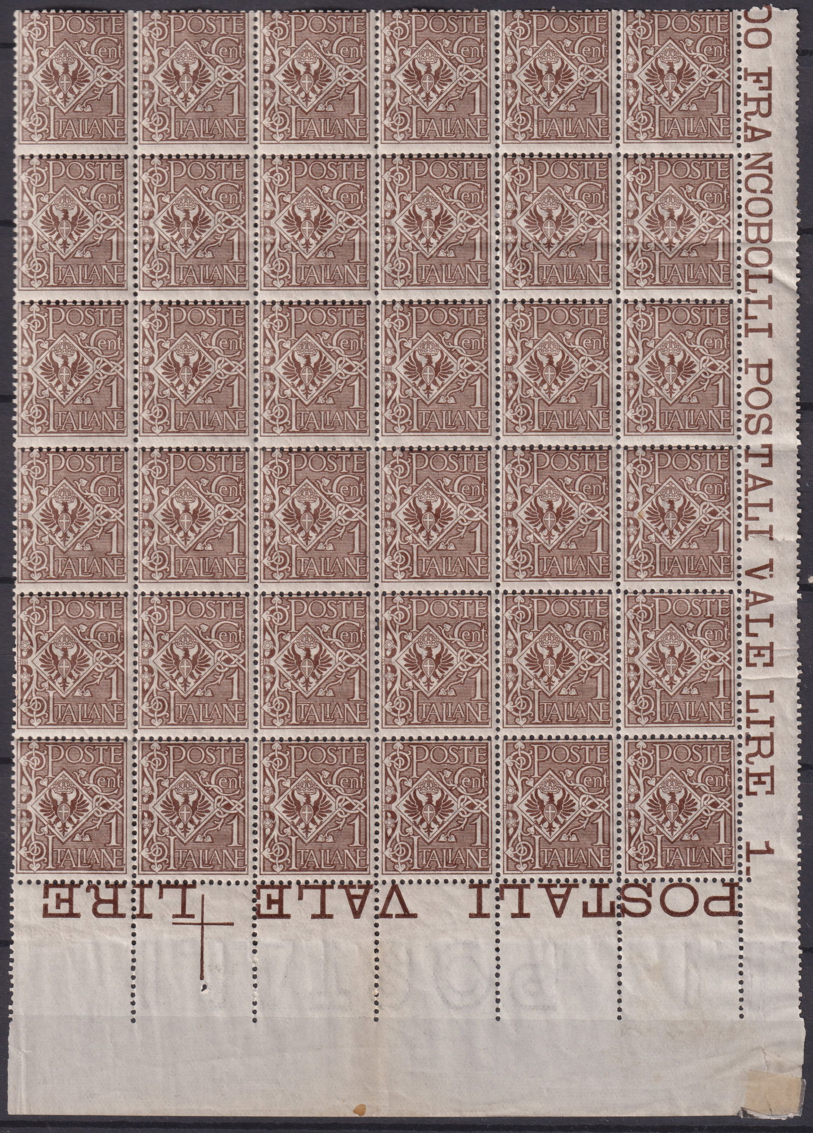 1901 Italy Savoy Eagle 1 Centesimo Full Sheet Michel IT74: This complete mint never hinged full sheet of the 1901 Italy Savoy Eagle 1 centesimo definitive identified as Michel IT74 Scott IT76 Yvert IT64 and Sassone IT68 represents one of the most visually int