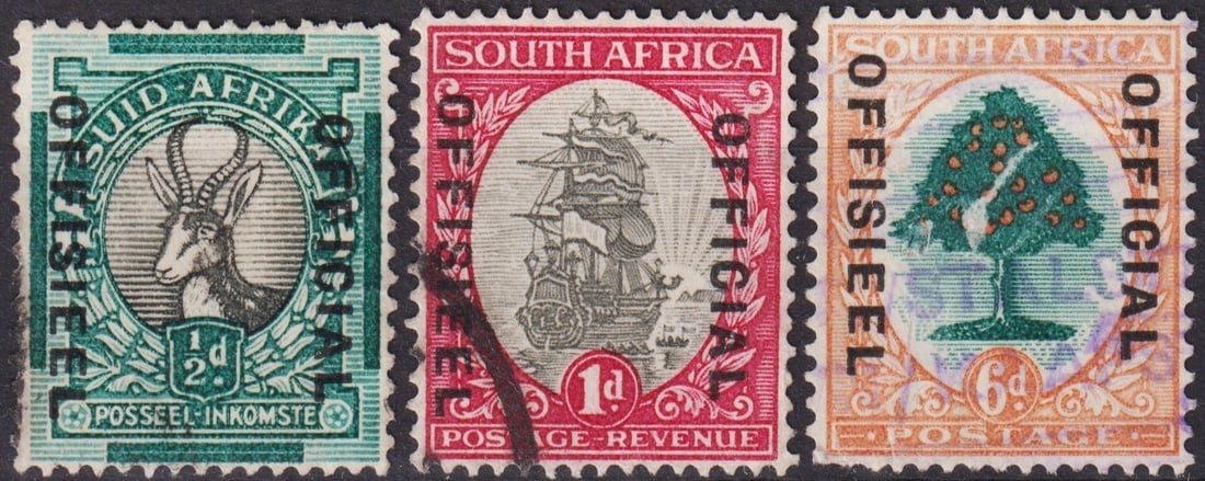 British South Africa 1926 Official Stamps Pictorials set, Scott O2–O4: Issued in 1926 during the Union of South Africa period, this trio of Official overprints on the celebrated Pictorial series reflects both the natural and cultural heritage of the country. The ½