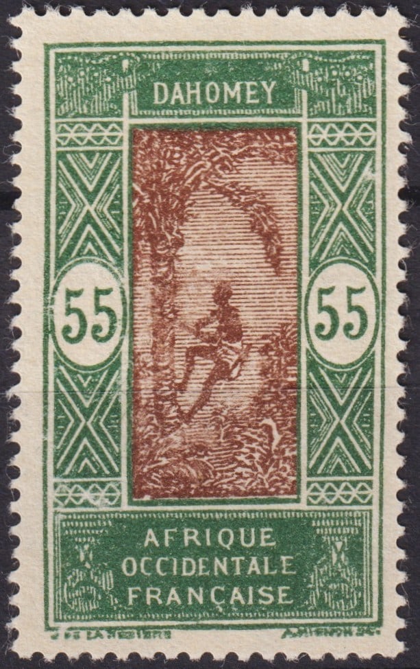 France 1938 Dahomey 55c Palm Climber Definitive, Scott DY 67: Issued in 1938 under French colonial administration, this 55 centimes definitive from Dahomey (now Benin) forms part of the long-running 1913–1939 series designed by Abel Mignon and Joseph de La