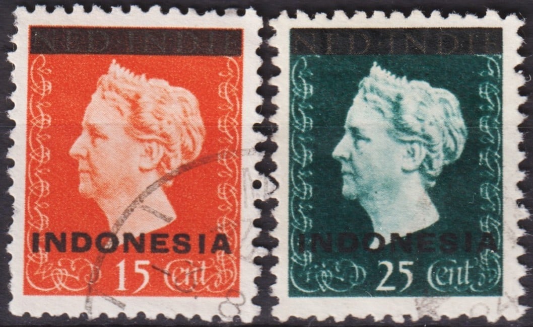 Dutch 1948 Indonesia “Queen Wilhelmina?? Overprints Scott 294a & 296 – Early Independence: Pair of 1948 Indonesian overprinted definitives derived from the Dutch East Indies Queen Wilhelmina design, listed as Scott 294a and 296 / Michel ID 1II & ID 3I / Stanley Gibbons ID 541 & 534 / NVPH