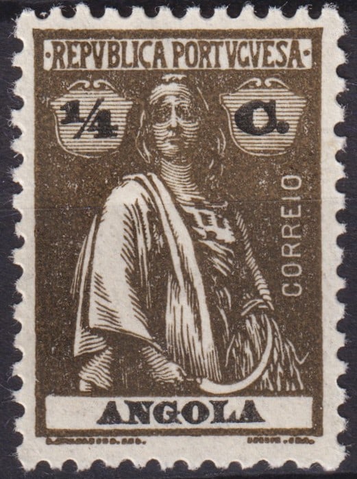 Portuguese Angola 1914 Ceres Issue ¼ Centavo Olive Brown Scott AO118: Issued in 1914 during the early Republican era of Portuguese Angola, this definitive stamp belongs to the iconic Ceres series, one of the most celebrated philatelic issues across the Portuguese