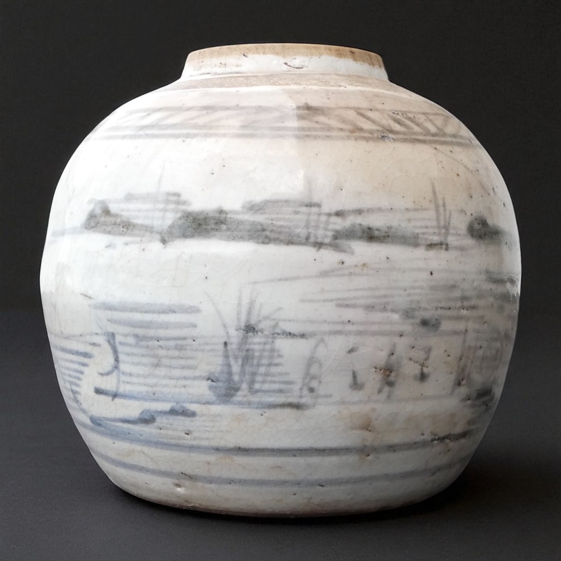 Southeast Asian Stoneware Storage Jar with Iron-Oxide Design, 15th Century: A striking Southeast Asian stoneware storage jar from the 15th century, likely originating from the Sukhothai or Sawankhalok kilns of central Thailand, or possibly from northern Vietnam under the earl