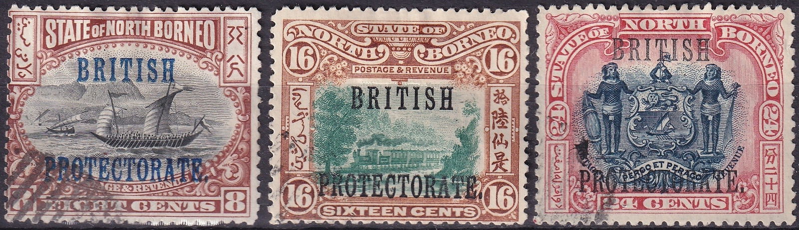 North Borneo 1897–1902 Pictorials British Protectorate Trio, Scott NB 112–114: Issued between 1897 and 1902 under the administration of the British North Borneo Company, these finely engraved pictorial definitives were later overprinted "BRITISH PROTECTORATE" on 8c, 16c, and