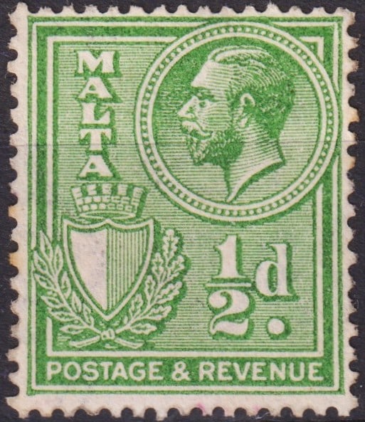 British Malta 1930 King George V ½d Yellow Green, Scott 168: This definitive postage and revenue stamp, issued by Malta in 1930 during the reign of King George V, is an important example of early 20th-century colonial philately. Printed by Waterlow & Sons Ltd.