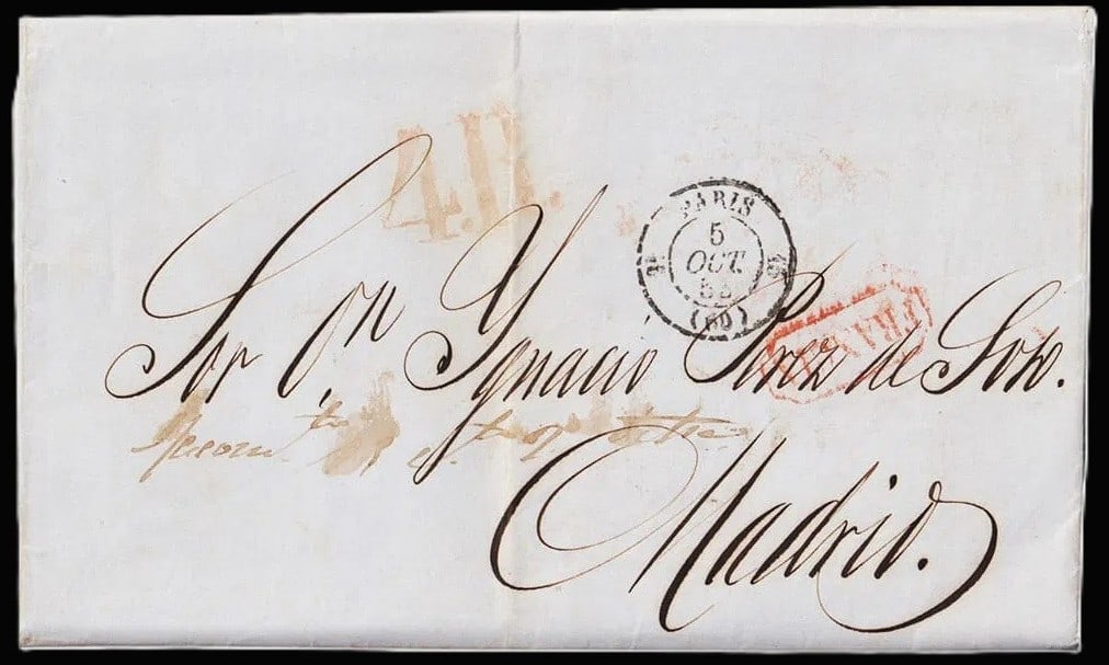 1853 folded letter from New Orleans to Madrid via Paris, red PAID mark: A fine transatlantic folded letter dated 10 October 1853 and sent from New Orleans to Madrid, Spain, routed through Paris. The cover is addressed in elegant brown ink to Sr. Dn. Ignacio Chozas de Sobr