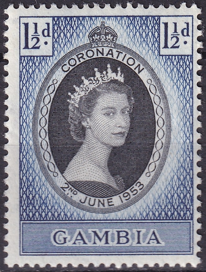 Gambia 1953 Coronation of Queen Elizabeth II 1½d Deep Blue and Black (Scott GM152, SG GM170): Issued on June 2, 1953, this elegant engraved commemorative stamp from Gambia marks the coronation of Her Majesty Queen Elizabeth II. Produced by Bradbury, Wilkinson & Co. Ltd., one of Britain’s pre