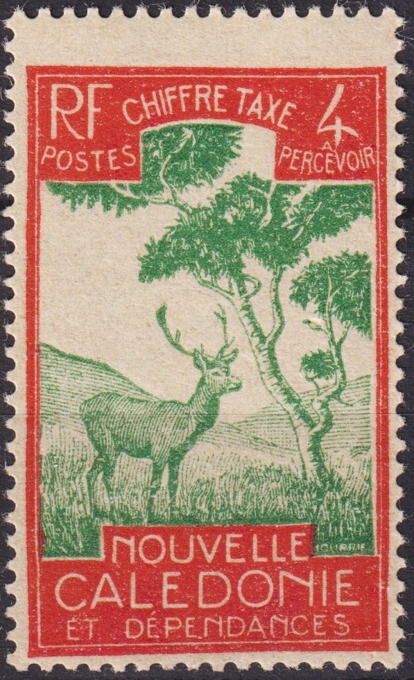 1928 French New Caledonia Postage Due Scott J20 4c Carmine and Green MNH: Issued on April 30, 1928, this striking postage due stamp from New Caledonia (Michel NC P20; Yvert & Tellier NC T27; Stanley Gibbons NC D180; Scott J20) features the image of the Javan Rusa deer (Rusa