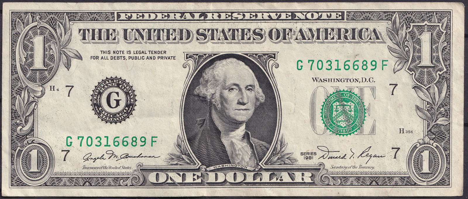 United States 1981 One Dollar Federal Reserve Note, Chicago G70316689F (1 of 2)