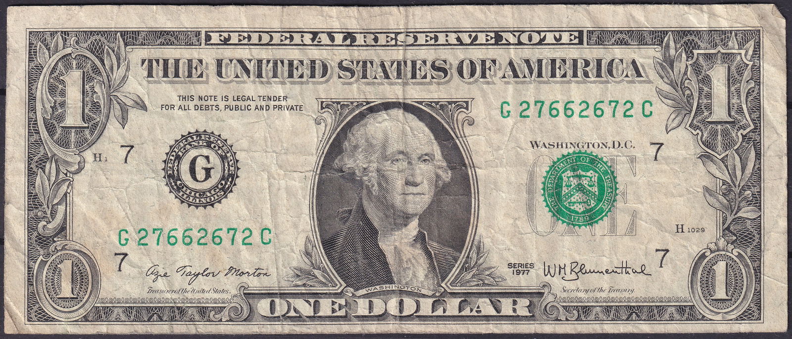 United States 1977 $1 Federal Reserve Note, Chicago District, Serial C27662672C (1 of 2)