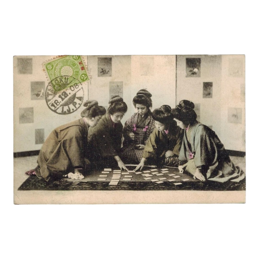 1900 Japan Chrysanthemum ovpt for China, on postcard, Scott JP OC6A, Ca 06: This is a culturally and philatelically significant Japanese postcard mailed from a Japanese post office in China, bearing a light green 2 sen Chrysanthemum definitive stamp with red overprint for Chi