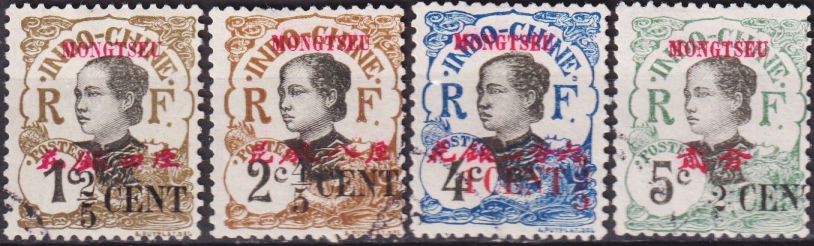 1903 French Offices in China Mong-Tzeu Surcharged Set, Scott FR-MON 1–4: This set of four surcharged issues was released in 1903 for the French Post Office in Mong-Tzeu (Mengzi), Yunnan Province, China, utilizing the definitive Indochinese Women series designed by Jules-Ja