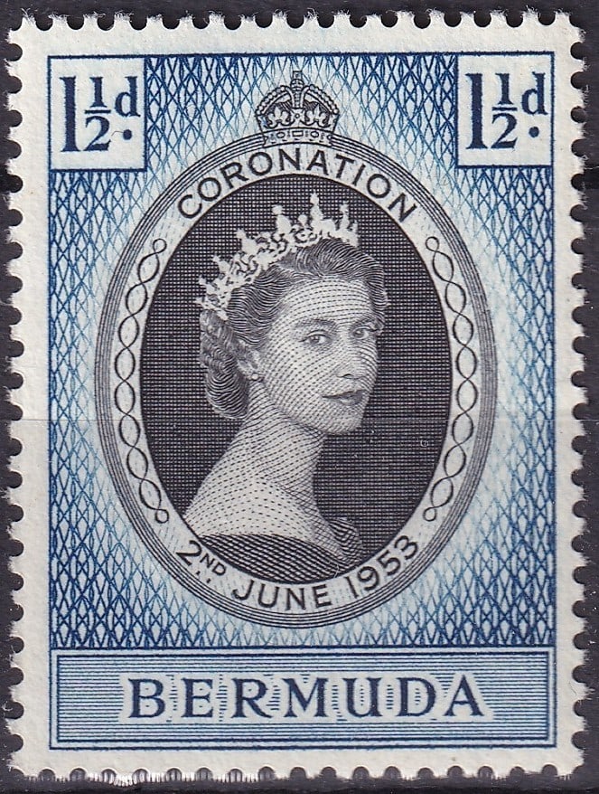 1953 Bermuda Coronation one halfpenny Scott 142: Issued in 1953 to mark the Coronation of Queen Elizabeth II this commemorative stamp from Bermuda presents a finely engraved portrait of the young queen wearing the royal diadem framed within an elega