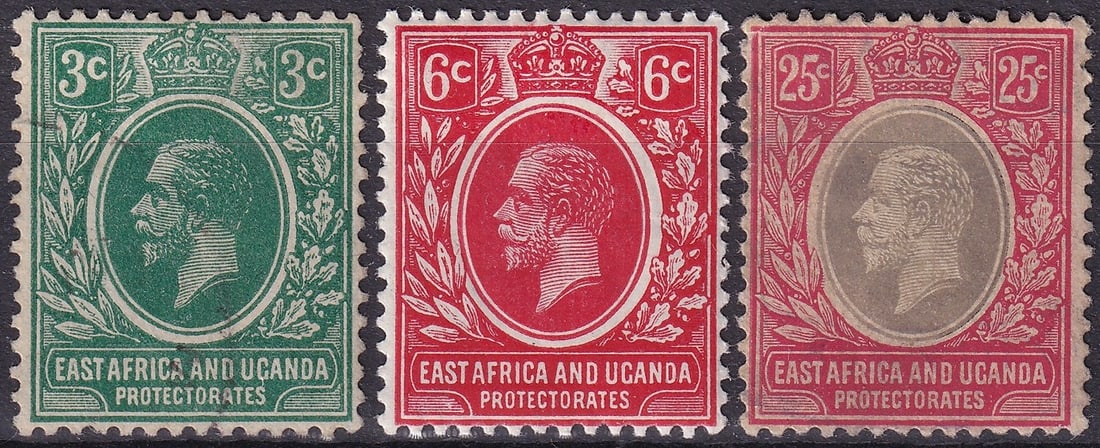 1912 East Africa and Uganda Scott 41 44 48 King George V set: This attractive trio from the East Africa and Uganda Protectorates presents three values from the King George V definitive series issued during the formative years of British colonial administration