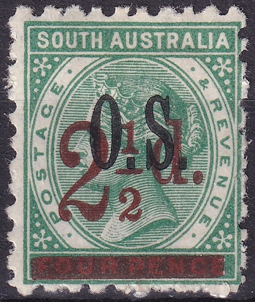 1894 South Australia Official Overprint OS Queen Victoria 2½d Surcharged Scott AU-SA O57: Issued in 1894 during the late Victorian period, this official postage and revenue stamp of South Australia represents one of the more desirable O.S. overprinted service issues prepared exclusively fo