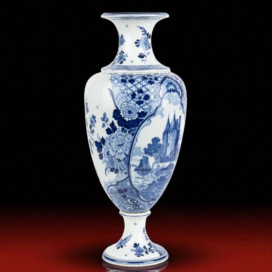 Monumental Blue and White Delft-Style Vase, Three-Part Construction, ca 1900 (1 of 12)