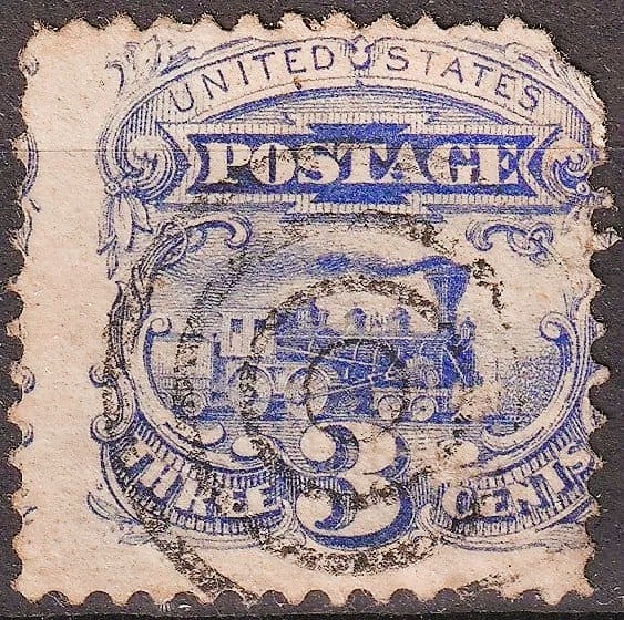 1869 U.S. Pictorial Issue, Locomotive ultramarine 3 c, Scott 114: Issued on March 27, 1869, this 3 cent ultramarine stamp from the celebrated 1869 Pictorial Issue of the United States features a detailed engraving of a Baldwin 4-4-0 steam locomotive, a symbol of Ame