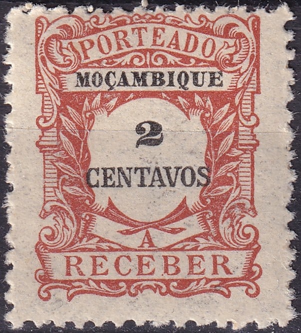 Mozambique Postage Due Scott J36 1917 2 Centavos Brown Black: Issued in 1917 during the Portuguese colonial administration this classic postage due stamp from Mozambique features the ornate RECEBER frame design printed in brown with a bold black 2 CENTAVOS surch