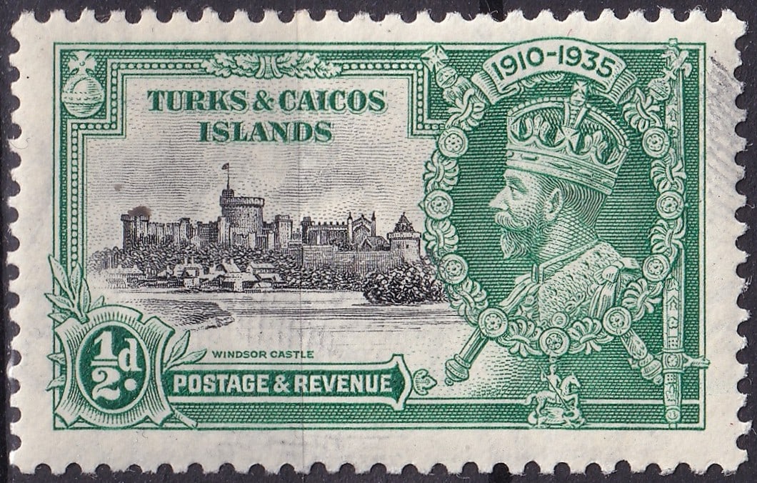 1935 Turks and Caicos Islands Silver Jubilee Scott 82 halfpenny: Issued in 1935 to commemorate the Silver Jubilee of King George V, this Turks and Caicos Islands 1/2d stamp presents a finely engraved portrait of the monarch framed by laurel together with an elegant