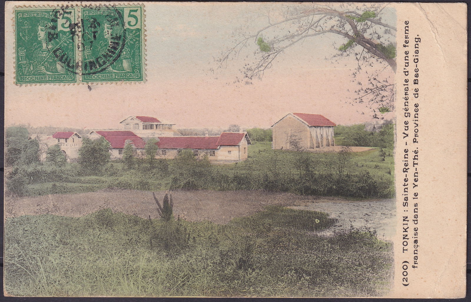 1907 French Indochina postcard farm view Tonkin double franking Scott IC 48: A beautiful early twentieth century postcard from French Indochina showing a French colonial farm estate in Tonkin produced during the period of expanding agricultural settlement under colonial admini